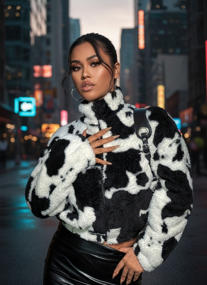 Cozy Cow Pattern Teddy Jacket