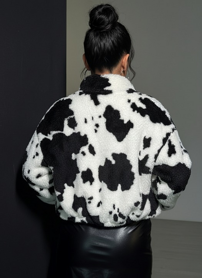Cozy Cow Pattern Teddy Jacket